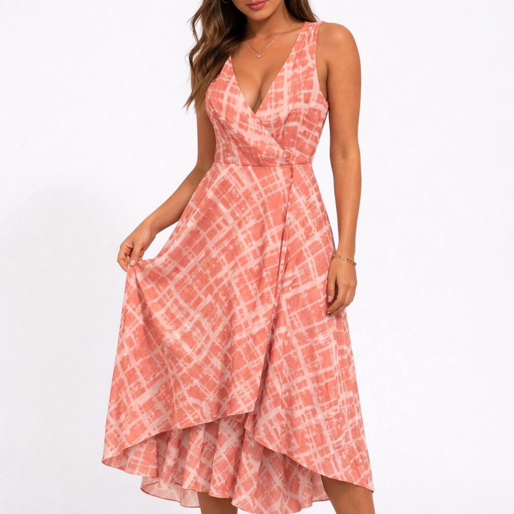 Tommy Hilfiger Midi Dress Women's Size 4 Pink/White Abstract Print Surplice Neck